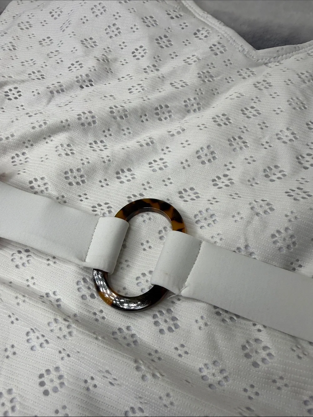 Mynah White Eyelet One-Piece Swimsuit with Decorative Ring Belt